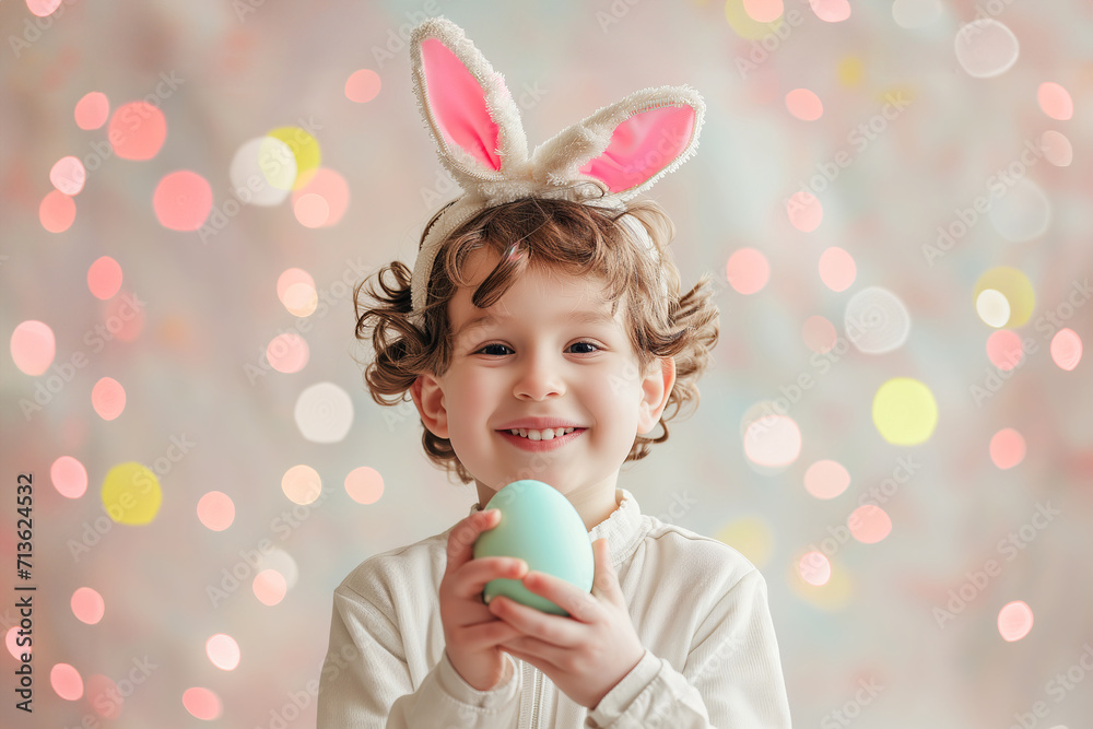 Happy boy with bunny ears holding Easter egg against sparkling background Happy boy with bunny ears holding Easter egg against sparkling background
