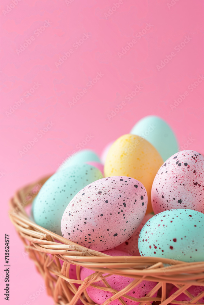 Fototapeta premium Close-up of Pastel colored eggs in the basket on the pink background with copy space