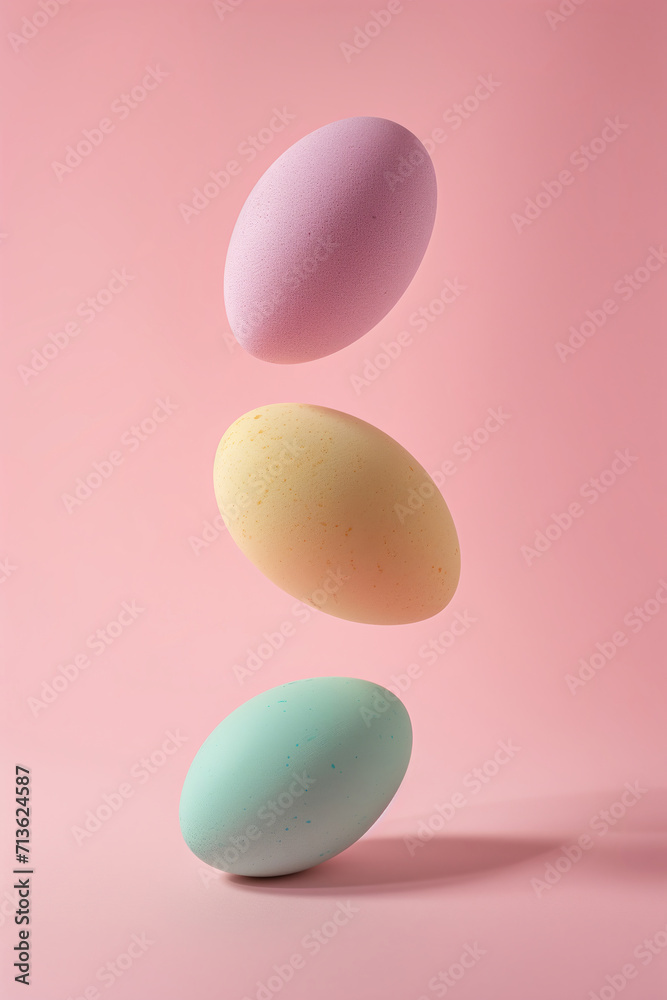 Three pastel colored eggs levitation against light pink studio background