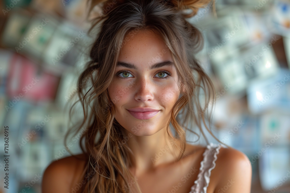 Front view of a beautiful woman looking directly at the camera, with a happy expression, a lot of money falling in the blurred background Front view of a beautiful woman looking directly at the camera, with a happy expression, a lot of money falling in the blurred background