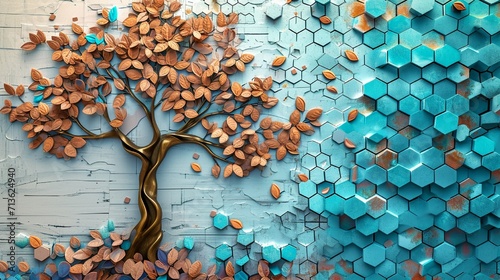 Whimsical tree in a 3D mural on wooden oak, white lattice tiles, vibrant turquoise, blue leaves, brown hues, colorful hexagon pattern, floral background.