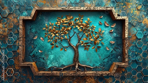 Majestic tree in a 3D wooden mural frame, mix of turquoise, blue, brown leaves, tranquil setting, colorful hexagons, floral background.