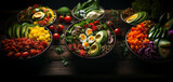 A table  is filled with  various bowls of food, including avocados, eggs, and vegetables 