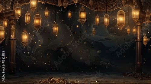 Night ramadan themed background, traditional Muslim lanterns gold particles and small lanterns hanging - background on Muslim theme - free space for text  © pengedarseni