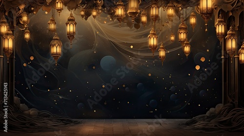 Night ramadan themed background  traditional Muslim lanterns gold particles and small lanterns hanging - background on Muslim theme - free space for text 