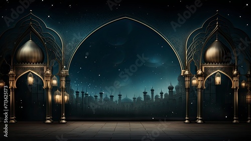Night ramadan themed background, traditional Muslim lanterns gold particles and small lanterns hanging - background on Muslim theme - free space for text 