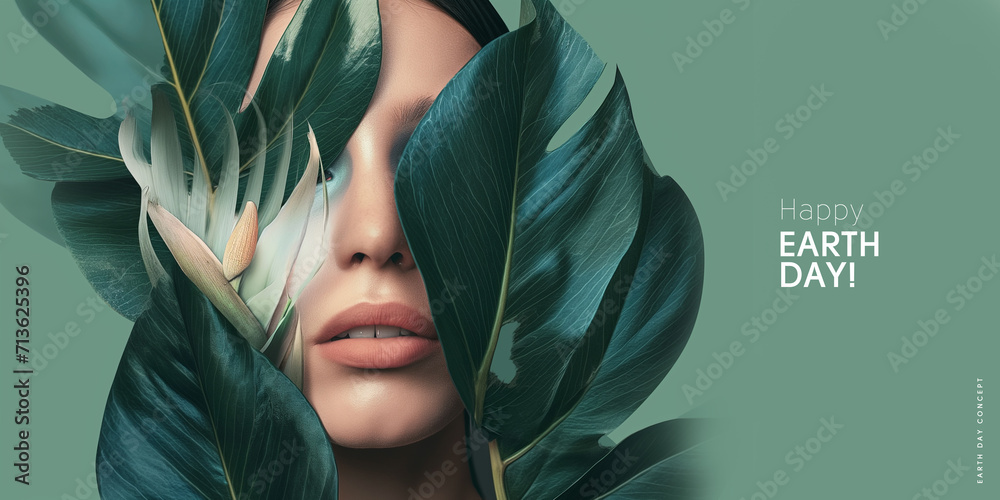 Earth Day.  Close-up of a woman's face with green leaves and a "Happy Earth Day!" slogan on a teal background. - obrazy, fototapety, plakaty 