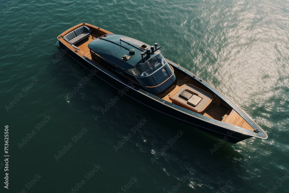 An aerial view of a fishing boat featuring a black canvas canopied console and twin outboard engines. Generative AI
