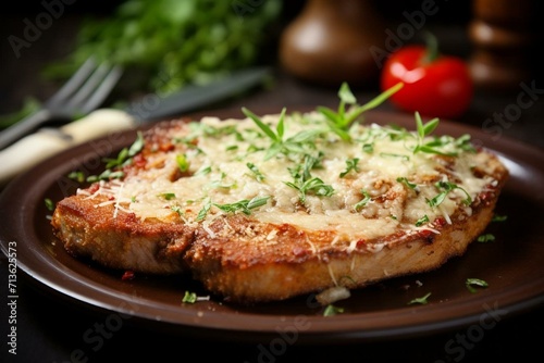 Delicious pork chops with a flavorful parmesan crust, perfect for a tasty and nourishing low-carb dinner. Generative AI photo