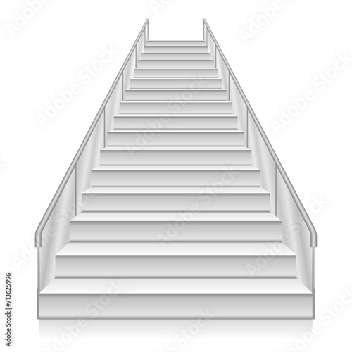 A modern staircase with transparent glass railings, blending seamlessly into a minimalist interior. White staircase realistic illustration, isolated on white background. Front view of white staircase.