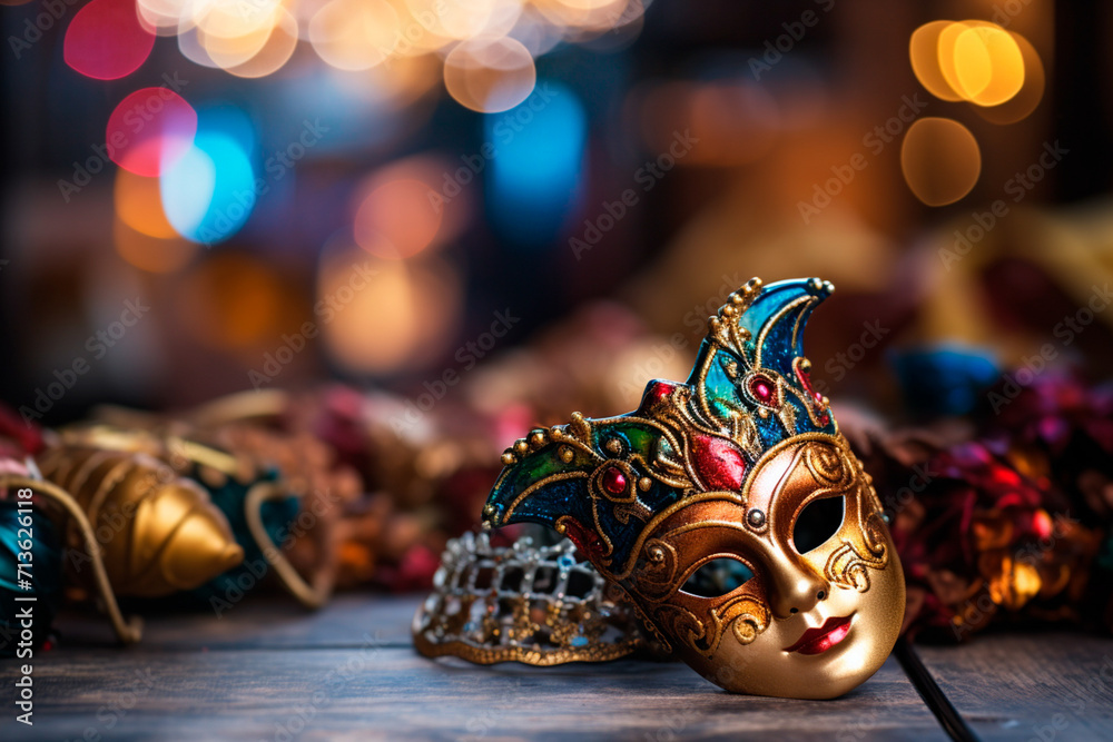 Colorful detail of a carnival mask on a surface, ready to liven up the party. Close-up of vibrant carnival mask standing out on a festive surface. Colorful detail of a carnival mask on a surface, ready to liven up the party. Close-up of vibrant carnival mask standing out on a festive surface.