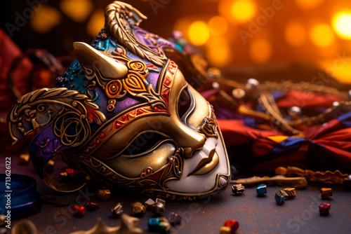 Colorful detail of a carnival mask on a surface, ready to liven up the party. Close-up of vibrant carnival mask standing out on a festive surface. © Marcio