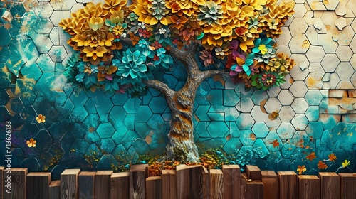 Fantasy-themed 3D mural on wooden oak with white lattice tiles, tree with kaleidoscopic leaves in turquoise, blue, brown, colorful hexagons, floral background.