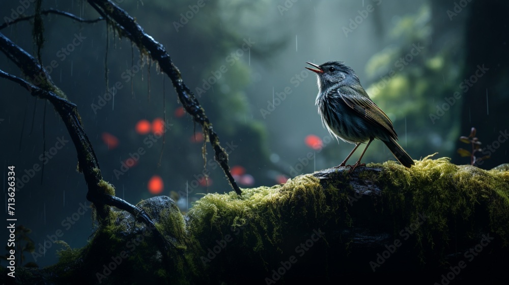 Fototapeta premium Majestic Nightingale Resting on a Lush Moss-Covered Stone in Enchanting Forest Setting - AI-Generative