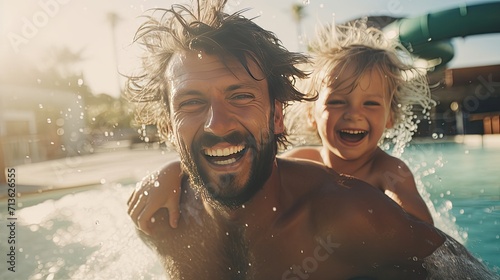 Man and Boy in Pool, Fun and Summer Water Activities, Father Day