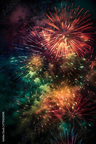 The vibrant colors and dynamic essence of each explosion are vividly captured by the brilliance of a close-up fireworks display against skillfully blurred lights.