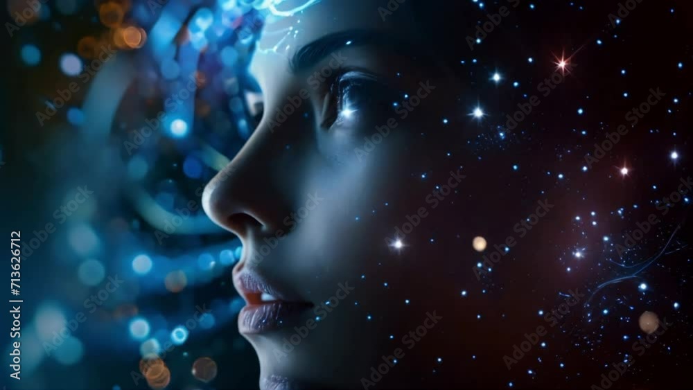 Glowing Cybernetic Artistry, Flowing Futuristic Colors Illuminating a Woman's Face, Cosmic Matrix Flow, Digital Sci-Fi Art Effects Glowing Cybernetic Artistry, Flowing Futuristic Colors Illuminating a Woman's Face, Cosmic Matrix Flow, Digital Sci-Fi Art Effects