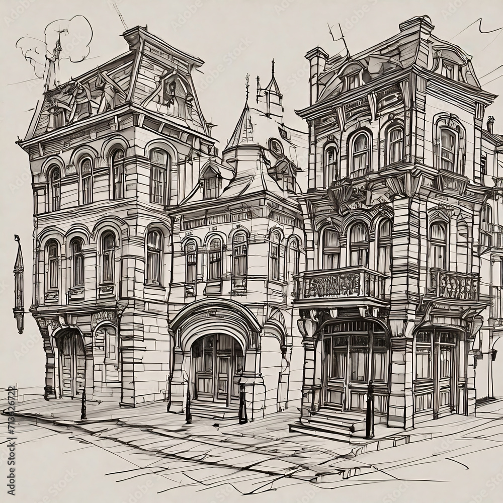 Sketch design of urban buildings in hand drawn style in 1800's in Europe