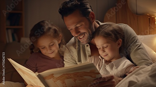 Man Reading Book to Two Children at Home, Father Day