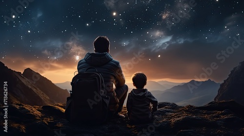 Couple Sitting on Mountain Under Night Sky  Father Day