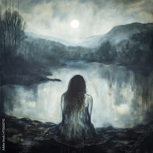 AI-Generated Solitary Figure Overlooking Moonlit Lake