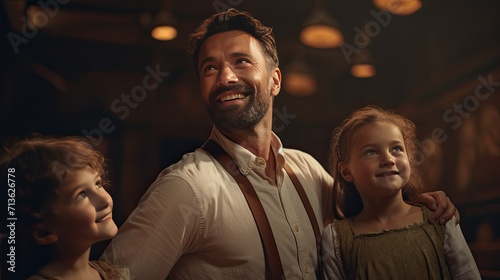 Man With Beard Sitting Next to Two Children, Simple Everyday Moment of Togetherness, Father Day