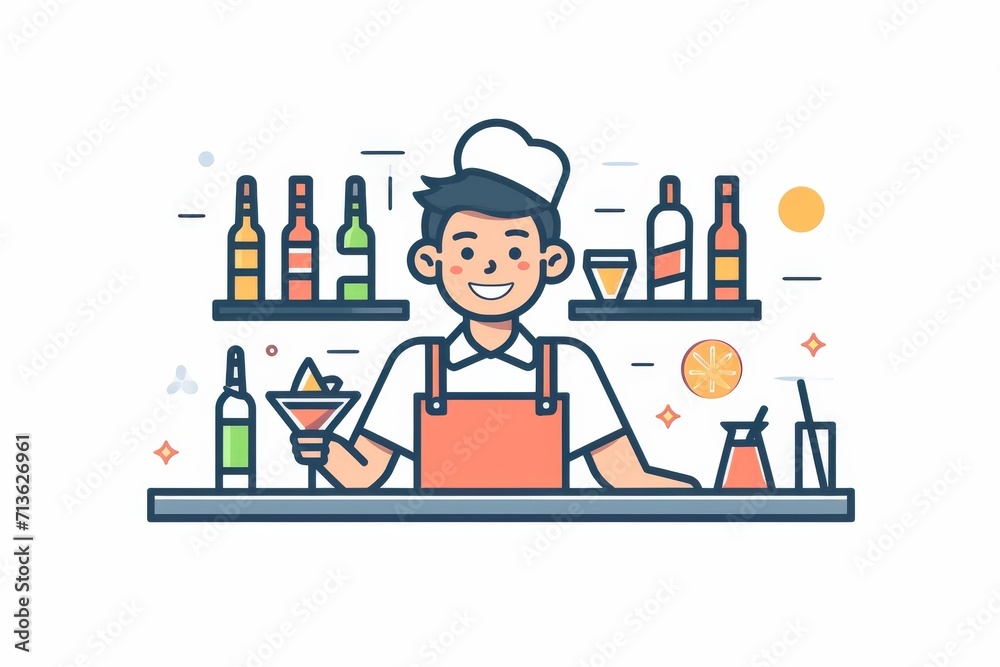 A whimsical cartoon of a man at a bar, his expressive human face captured in a lively drawing, reminiscent of classic clipart and animated cartoons, brought to life through vivid illustration