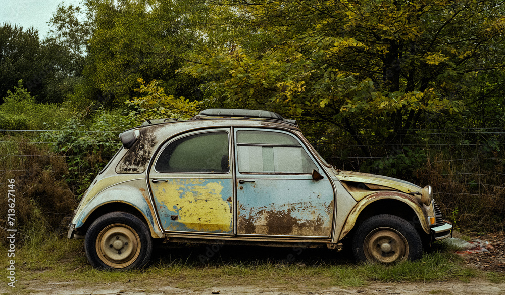 AI-Generated Image: Abandoned Rusty French Vintage Car in Countryside