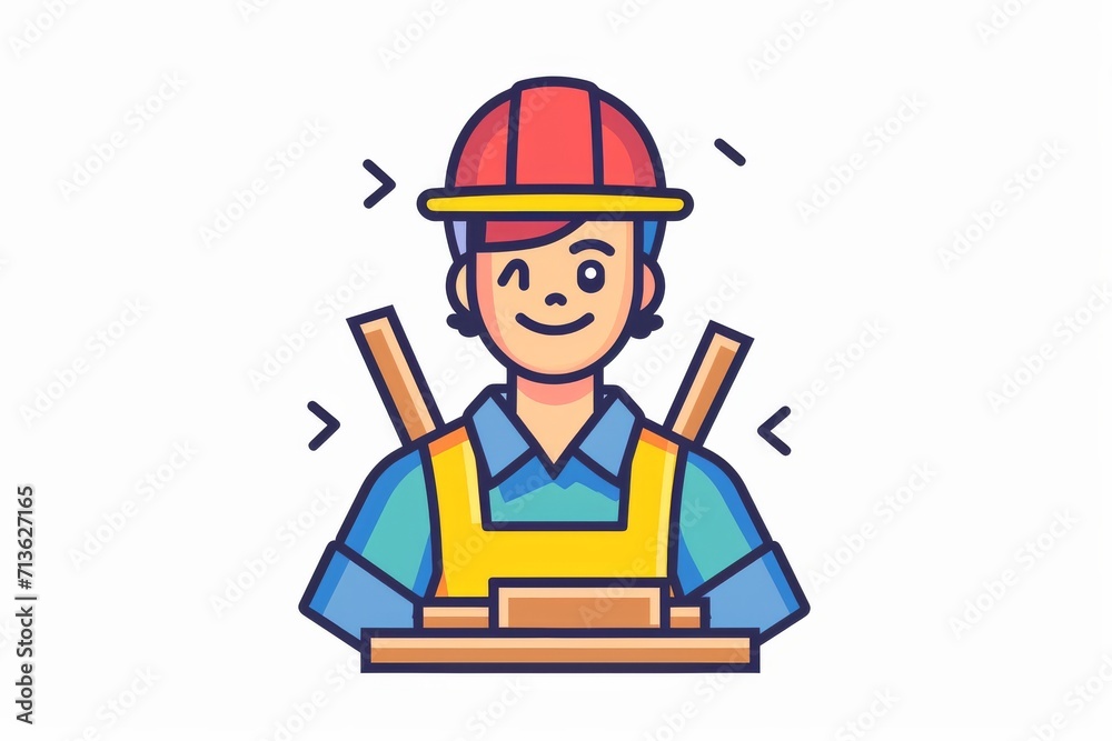A playful cartoon of a hardworking man, his human face beaming with determination as he dons a hard hat, sketched with the charming simplicity of a lego figure in this whimsical clipart illustration