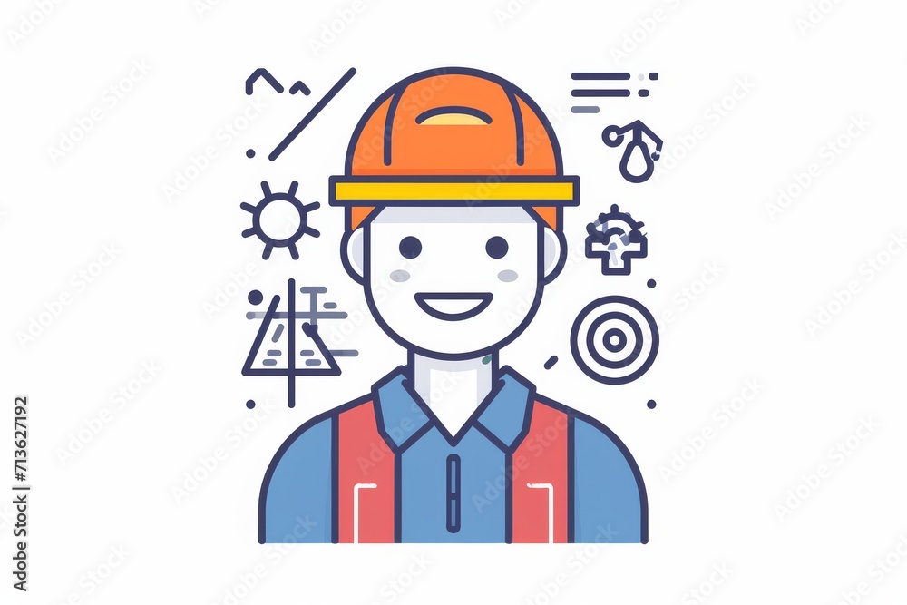 A whimsical cartoon drawing of a man in a hard hat, captured in an intricate illustration that combines sketch and clipart elements