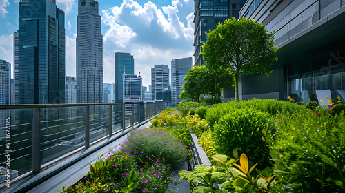 Folhagem exuberante escorre sobre as bordas de telhados de jardins modernos criando um contraste deslumbrante contra os arranha-céus de concreto e vidro photo