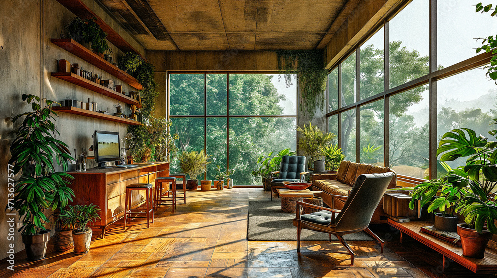 AI-Generated Image of Eco-Friendly Company Offices with Greenery and Large Glass Windows AI-Generated Image of Eco-Friendly Company Offices with Greenery and Large Glass Windows