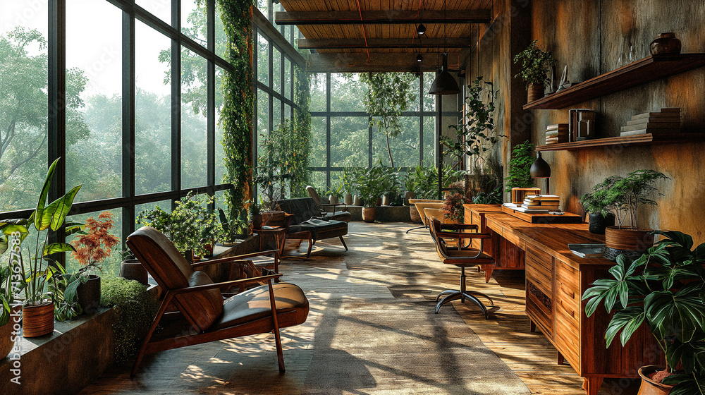 Fototapeta premium AI-Generated Image of Eco-Friendly Company Offices with Greenery and Large Glass Windows