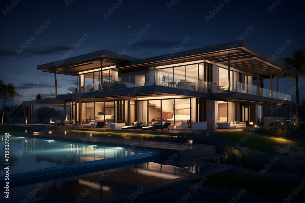 modern luxury home with swimming pool at night. Generative AI