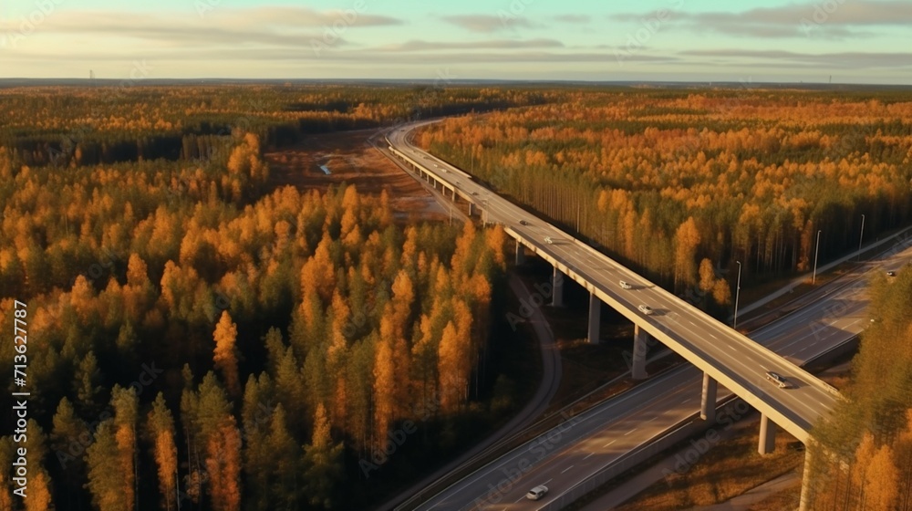 Aerial view of highway and overpass with autumn color Ai Generative