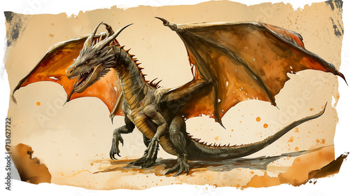 An isolated concept art illustration of an epic dragon with red wings on yellow parchment, invoking fantasy and mythology