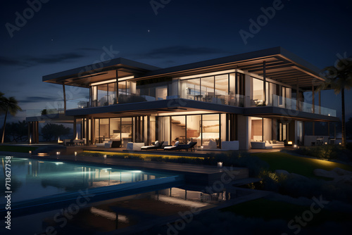 modern luxury home with swimming pool at night. Generative AI