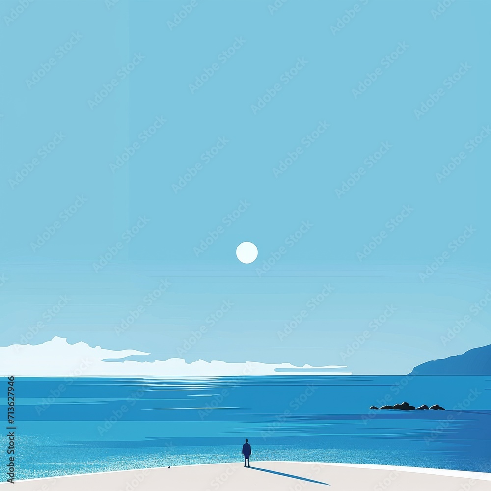 A lone figure stands on the tranquil shore, gazing at the vast expanse of the moonlit ocean under the open sky, immersed in the beauty of nature A lone figure stands on the tranquil shore, gazing at the vast expanse of the moonlit ocean under the open sky, immersed in the beauty of nature