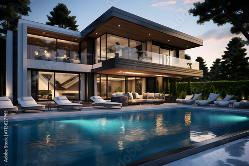 modern luxury home with swimming pool. Generative AI © Jannik