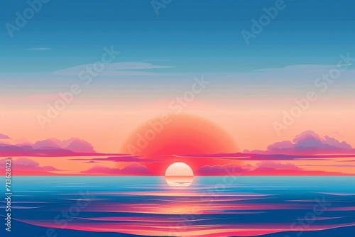 A tranquil seascape as the sun sets behind a serene horizon, casting warm hues upon the still waters and painting the sky with wispy clouds