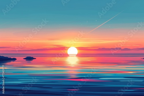 As the sun dips below the horizon, the tranquil waters reflect the vibrant afterglow, revealing an island in the distance as nature's breathtaking canvas comes to life © ChaoticMind