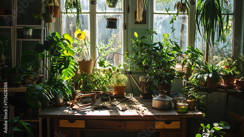 Plantas de casa verdes exuberantes enchem uma sala acolhedora com suas folhas projetando sombras brincalhonas nas paredes