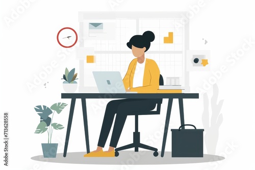 An artist immersed in her creative process, surrounded by her carefully curated furniture and clothing, as she works on her latest design on a sleek laptop at her elegant desk
