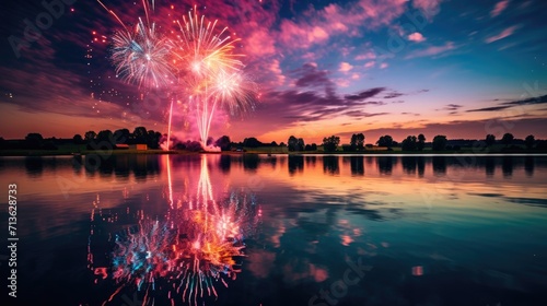 Fireworks Illuminate Sky Above Lake, Happy New Year