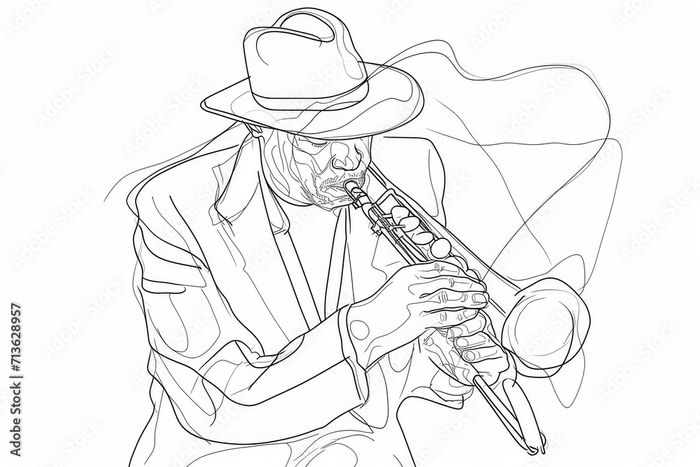 A skilled musician brings life to the page with a melodic sketch of a man playing a trumpet, captured in detailed line art and transformed into a timeless clipart illustration for a coloring book the