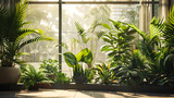 Plantas de casa verde exuberante revestem o interior moderno e elegante de um espaço de vida luminoso