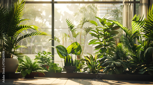 Plantas de casa verde exuberante revestem o interior moderno e elegante de um espaço de vida luminoso