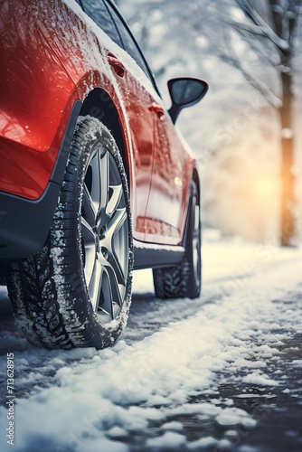 Detail of car tires in winter on a snow-covered road