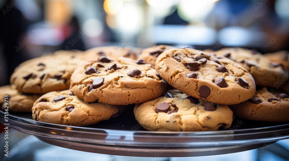 Plate of Delicious Chocolate Chip Cookies on Table Plate of Delicious Chocolate Chip Cookies on Table