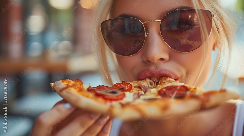 Close-up of a blonde woman wearing sunglasses eating a delicious pizza, background image, generative AI Close-up of a blonde woman wearing sunglasses eating a delicious pizza, background image, generative AI